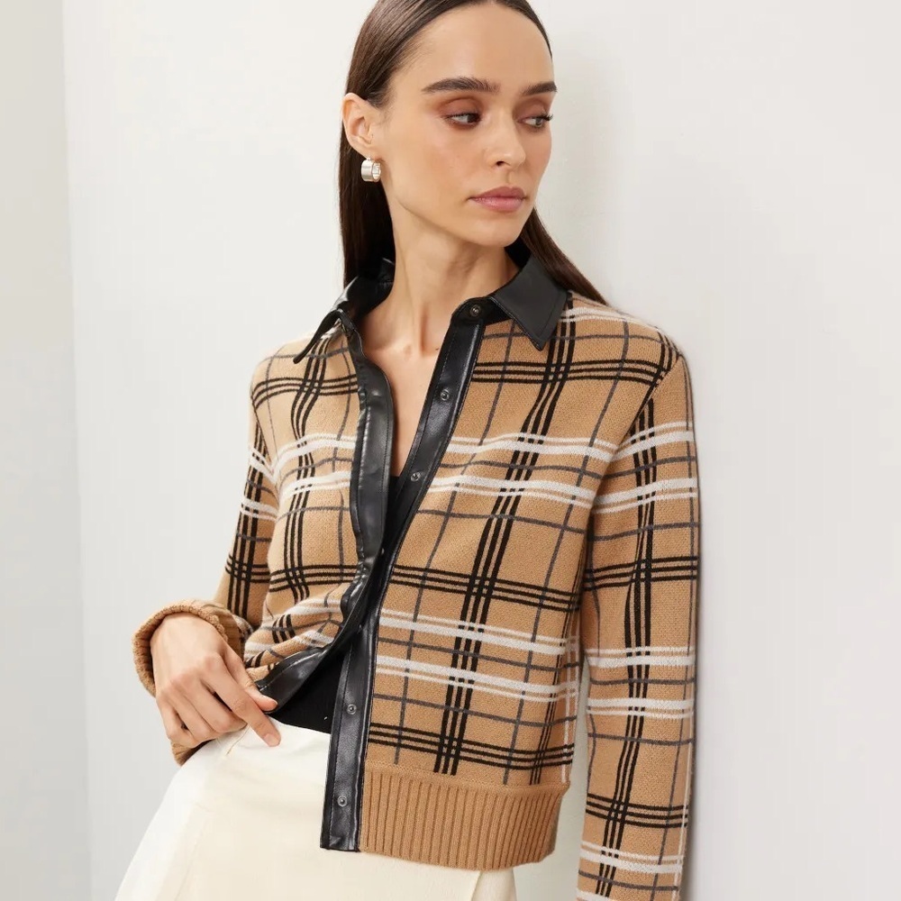 SIMKHAI Blaine Plaid Jacket XL Tan Black Cropped Blazer